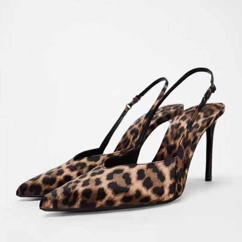 TRAF-Escarpins à talons hauts en satin imprimé léopard pour femmes, tête pointue, talon fin, chaussures à bride arrière, sandales à talons aiguilles à imprimé animal, sexy