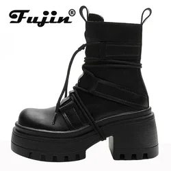 Fujin 8.5 cm Mocassini in vera pelle britannica Stivaletti con zeppa Autunno Inverno Peluche Cowgirl Scarpe Donna Stivaletti Primavera