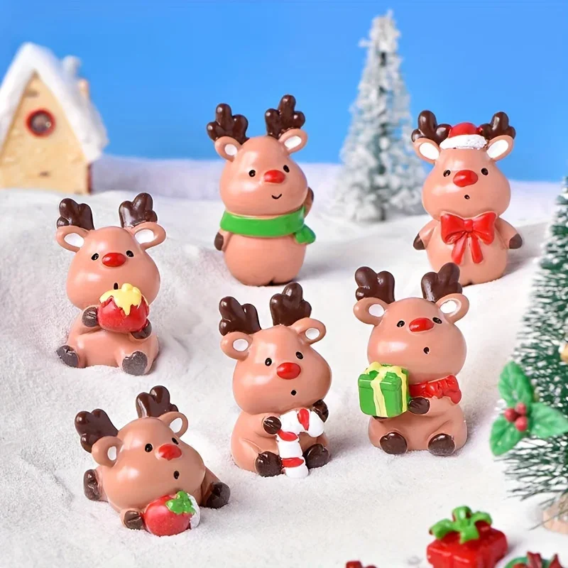 6pcs Whimsical Christmas Reindeer Figurine Set - Vibrant Resin Miniatures for Festive Tabletop & Snow Scene Decor, gift