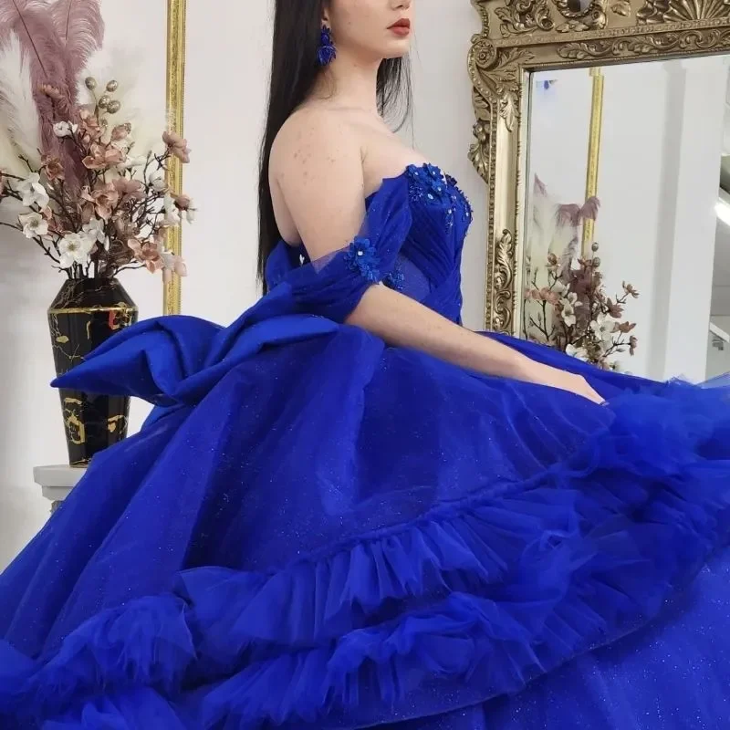 ANGELSBRIDEP-Vestidos De quinceañera mexicanos, azul real, con hombros descubiertos, apliques De encaje, corsé, Vestidos De Novia, vestidos De baile personalizados