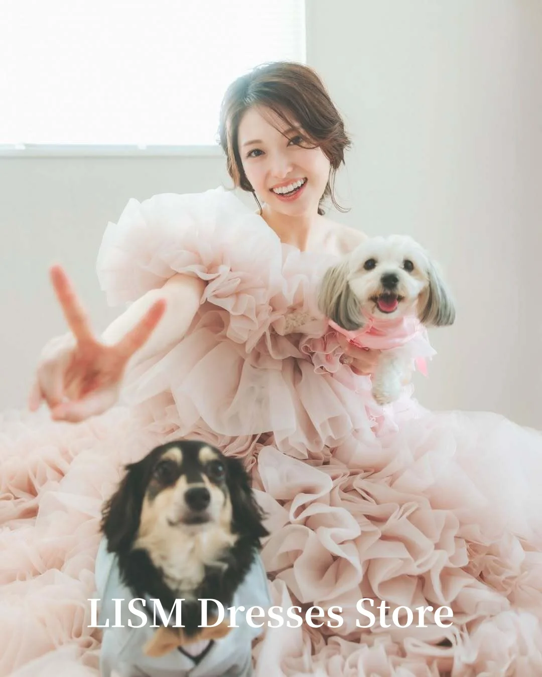 LISM قبالة الكتف ألف خط فساتين الحفلات المسائية اليابان الوردي المتدرج تول صورة تبادل لاطلاق النار النساء العباءات الحدث فساتين حفلات مخصصة #2