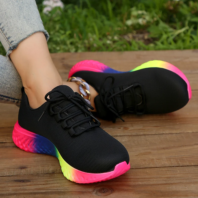 Fashion Rainbow Sole Knit Sneakers Women Mesh Breathable Platform Sports Shoes Woman Non Slip Yellow Running Sneakers Plus Size