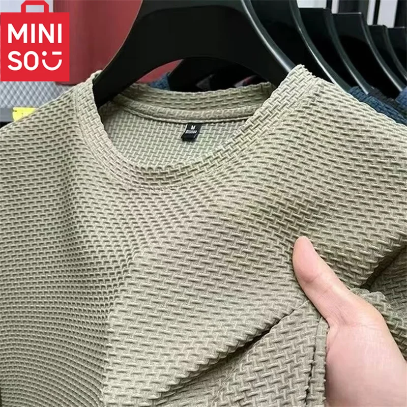 MINISO Bamboo Mesh Ice Silk T-shirt Men\'s Short sleeved Round Neck New T-sleeved Men\'s Bottom Shirt Summer Solid Color Men\'s Top