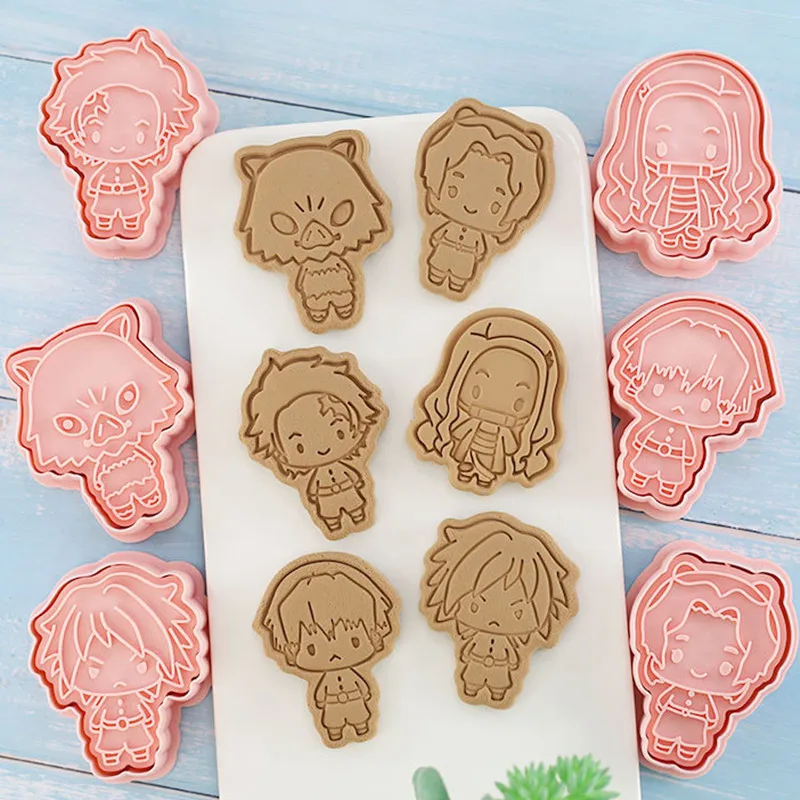 6Pcs/Set Demon Slayer Biscuit Mold Tanjirou Nezuko Zenitsu Inosuke Shape Cookie Cutter Stamp Fondant Cake Decoration Tools