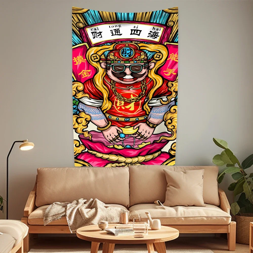 Chinese Wealth God Door God Tapestry Religious Buddha Portrait Printed Room Decor Wall Hanging Blanket Living Room Background