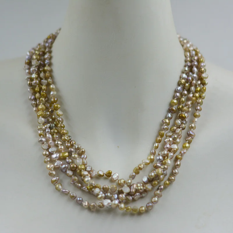 

Fashionable and trendy! 5 strands of 4MM natural Baroque pearl necklace. Charm Ladies Party Beautiful Jewelry 19”