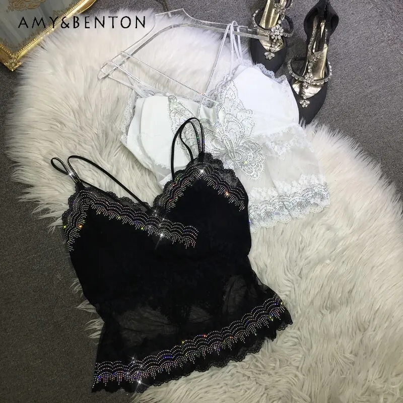 

All Match Summer Oversized Slings Heavy Diamond Drills V-Neck Lace Butterfly Back Beauty Back Tube Top with Pads Camisoles Women