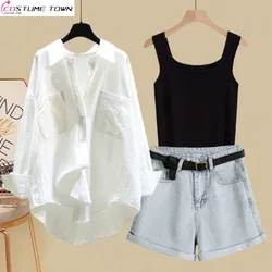 Spring/Summer Set Women's 2024 New Korean Fashion Sunscreen Shirt Casual Tank Top Slimming Denim Shorts Three Piece Set