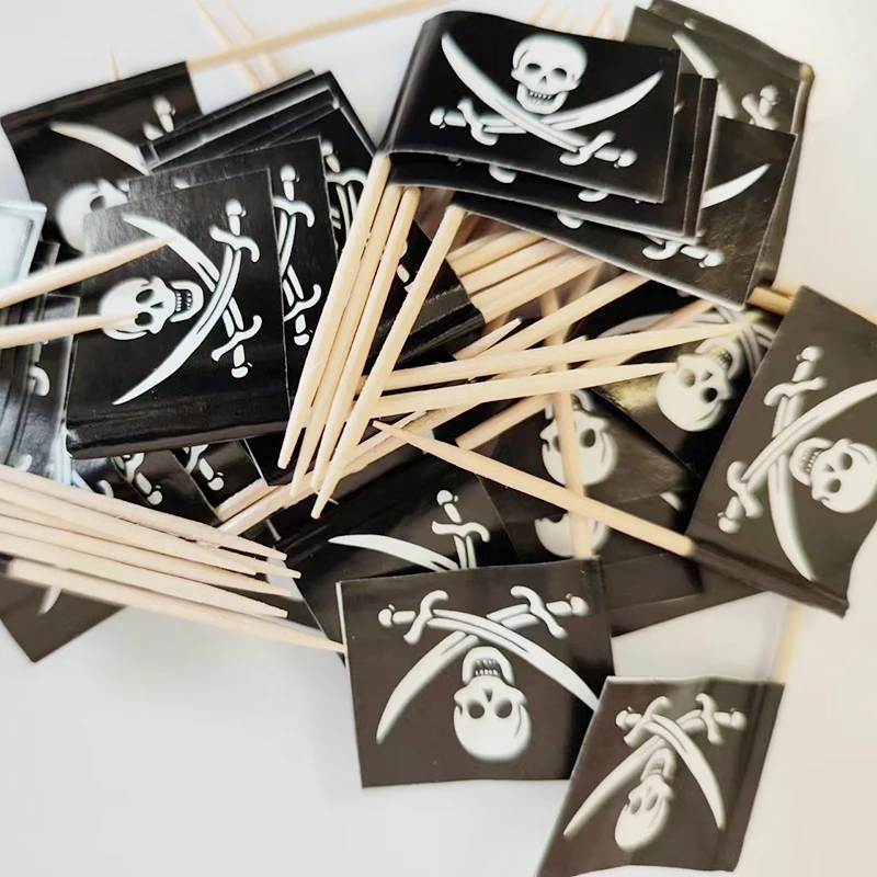 10pcs Pirate Cocktail Toothpick Black Flags Cupcake Topper Skull Cap Pick Pirates Theme Kids Birthday Party decor