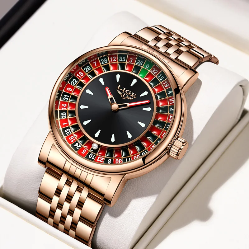 

LIGE Creative Luxury Mens Watches Roulette Game Dial Fashion Mens Watch Waterproof Luminous Quartz Wristwatches Rolling Ball