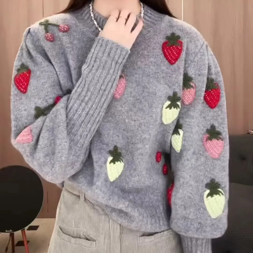 

Strawberry embroidered knitted sweater outer wear 2025 crochet new autumn and winter sweater premium pullover crew neck top