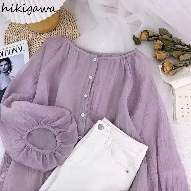 2024 Blusas Mujer De Moda Summer Blouses Women Folds Lantern Sleeve Vintage Shirts Single Breasted See Through Oversized Tops