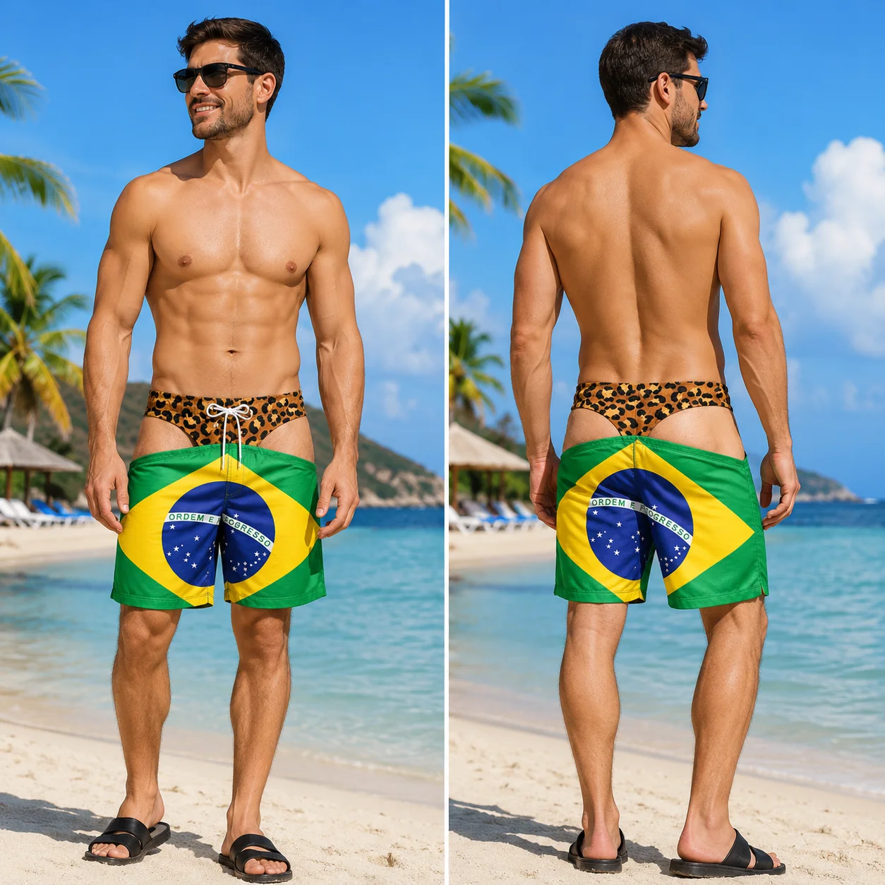 funny men's swimsuit UK Flag Swim Trunks Leopard Thong Illusion British Union Jack Novelty Board Shorts Quick Dry Beach Shorts