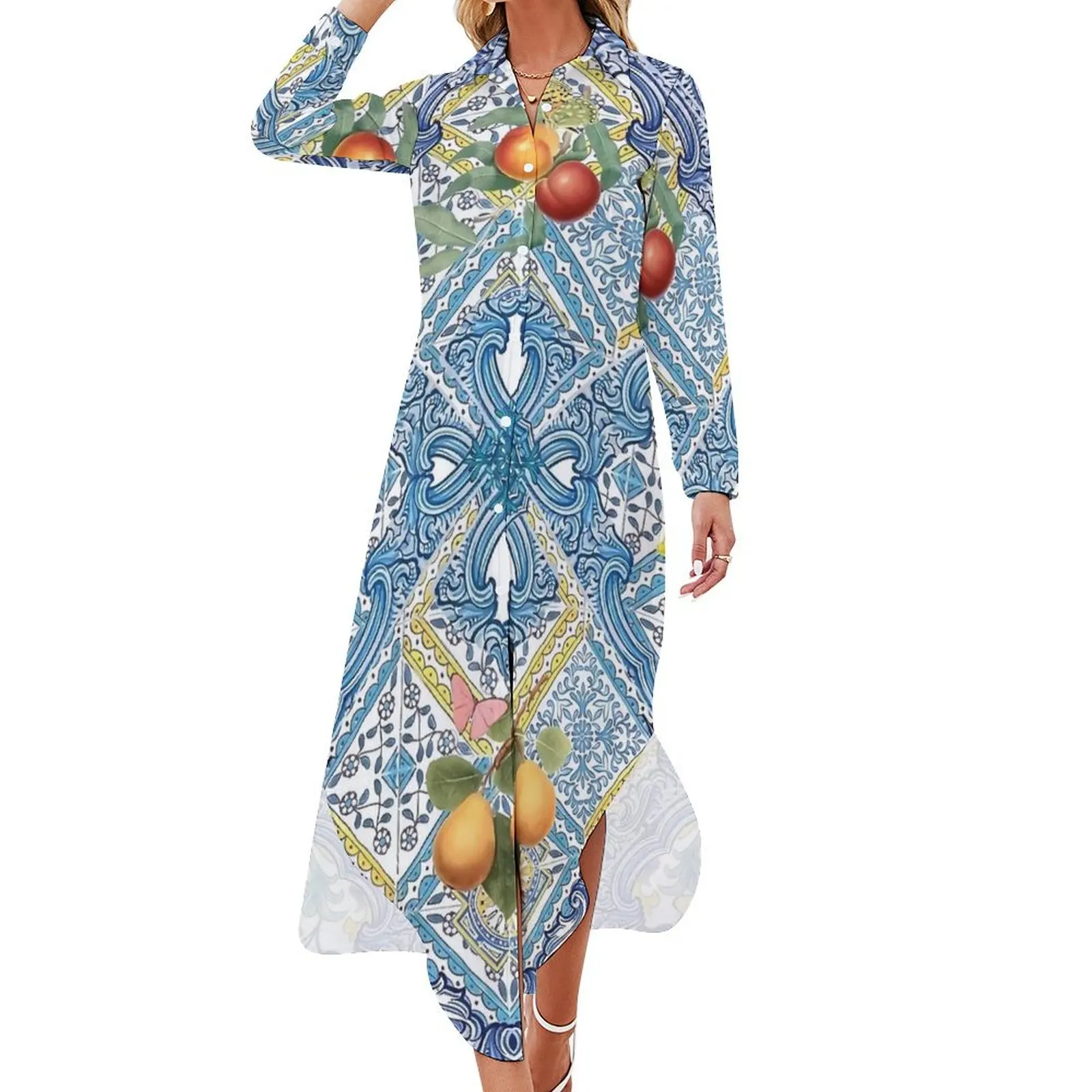 Retro Lemon Blue Tiles Chiffon Dress Italian Citrus Fruit Elegant Dresses Stylish Casual Dress Women Sexy Pattern Clothes 6XL