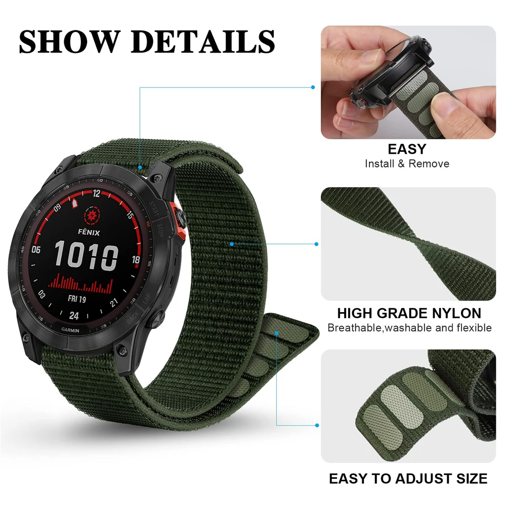 YAYUU 22mm Loop Nylon Strap for Fenix 6/Fenix 5/Fenix 7 Ultralight Quick Drying Watch Strap for Garmin Fenix 6 Pro/Sapphire