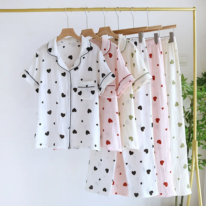 

2025 Summer New Women's Pajama Set 100% Cotton Crepe Short Sleeve Long Pants Two Piece Love Thin Simple Large Size Home Fury