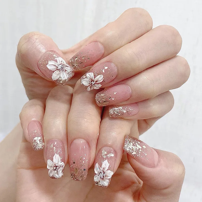 

24Pcs Nude Sequin Shiny Full Cover Fake Nail Mid-length Square Head False Nails Tips with Flower Design Reusable Press on Nails