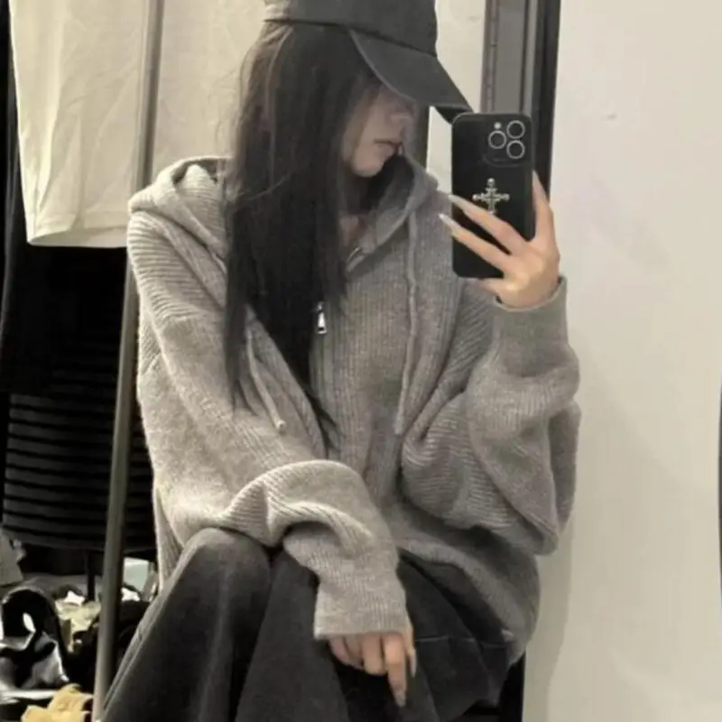 

Серый кардиган на молнии с капюшоном для девочек, пальто, осень-зима, утепленный свитер для ленивого ветра, студенческий универсальный свободный новый топ для отдыха, оптовая продажа