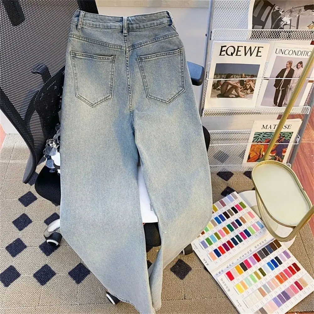 جينز هالو كيتي نسائي عالي الخصر باللون الأزرق الفاتح، دينم مغسول عتيق مع طباعة قلب قطة لطيفة، كاجوال فضفاض #3