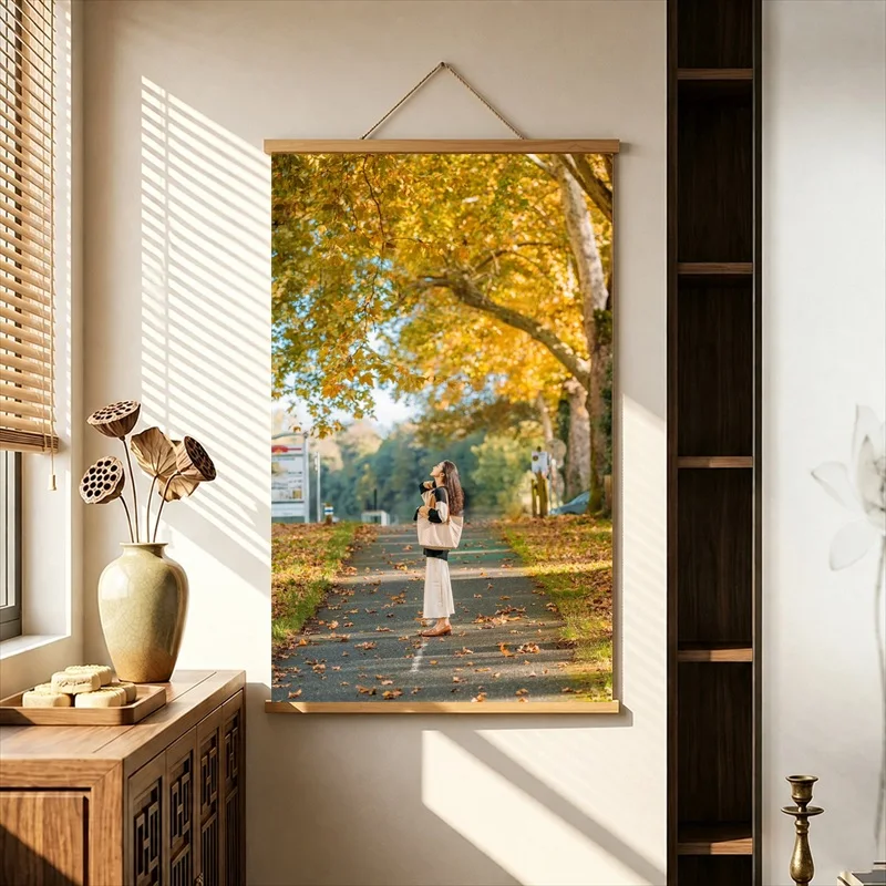 Romantic Couple Autumn Landscape Canvas Wall Decor Soft Nostalgic Pearlescent Hanging Scroll for Boutique Guesthouse