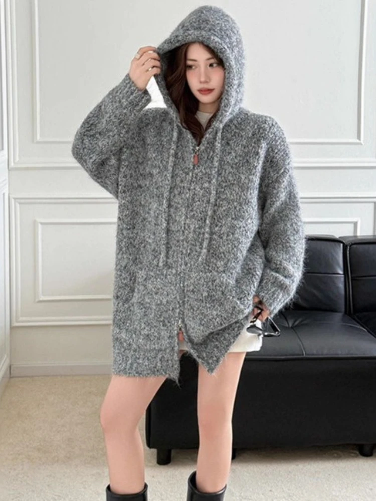 

Autumn Winter Korean Knit Cardigan Women's Simple Temperament Hooded Sweater Coat