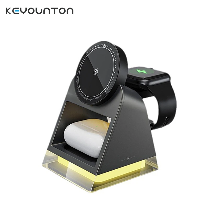 

Magnetic 3 In 1 Wireless Charger Stand Led Light Fast Wireless Charging Station Dock for iPhone16 15 14 Apple Watch Airpods Pro