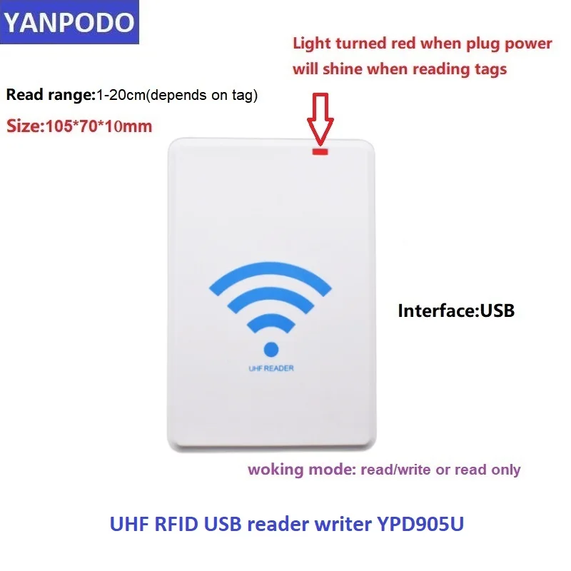 Yanpodo USB Integrated Desktop UHF RFID 860-960MHz Reader Writer Read Range 0-20cm with free java C++ C# SDK for tag EPC Cloner