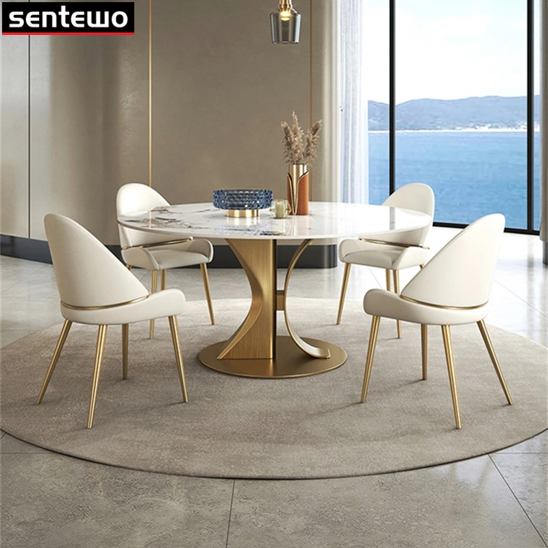 Designer Luxury Round Dinning Marble Rock Slab Dining Table Set 4 6 Chairs Mesa Posta Furniture Meuble Stainless Steel Gold Base