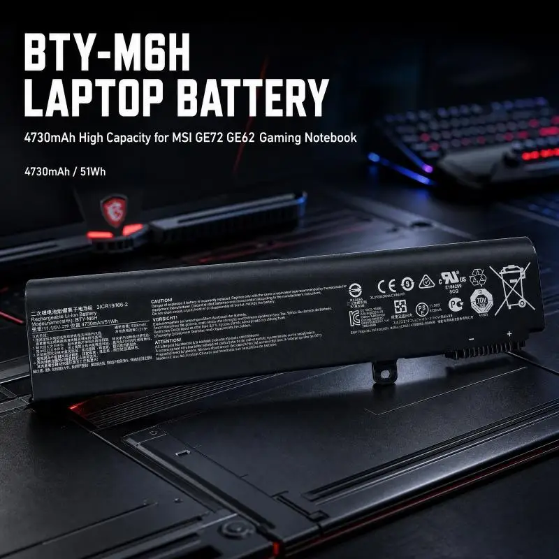 4730mAh BTY-M6H Replacement Laptop Battery Compatible with MSI GE72 62 MS-16J1 6QD-001XCN Gaming Notebook