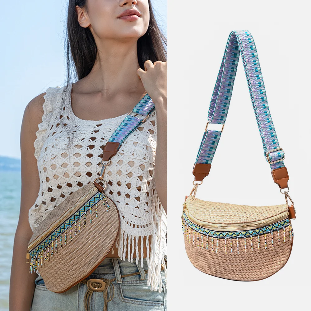 Tassel Straw Bag Woven Fashion Women's Chest Bag Half-moon Waist Bag Large Capacity Crossbody Bag Trend Women's Bags Fanny Pack