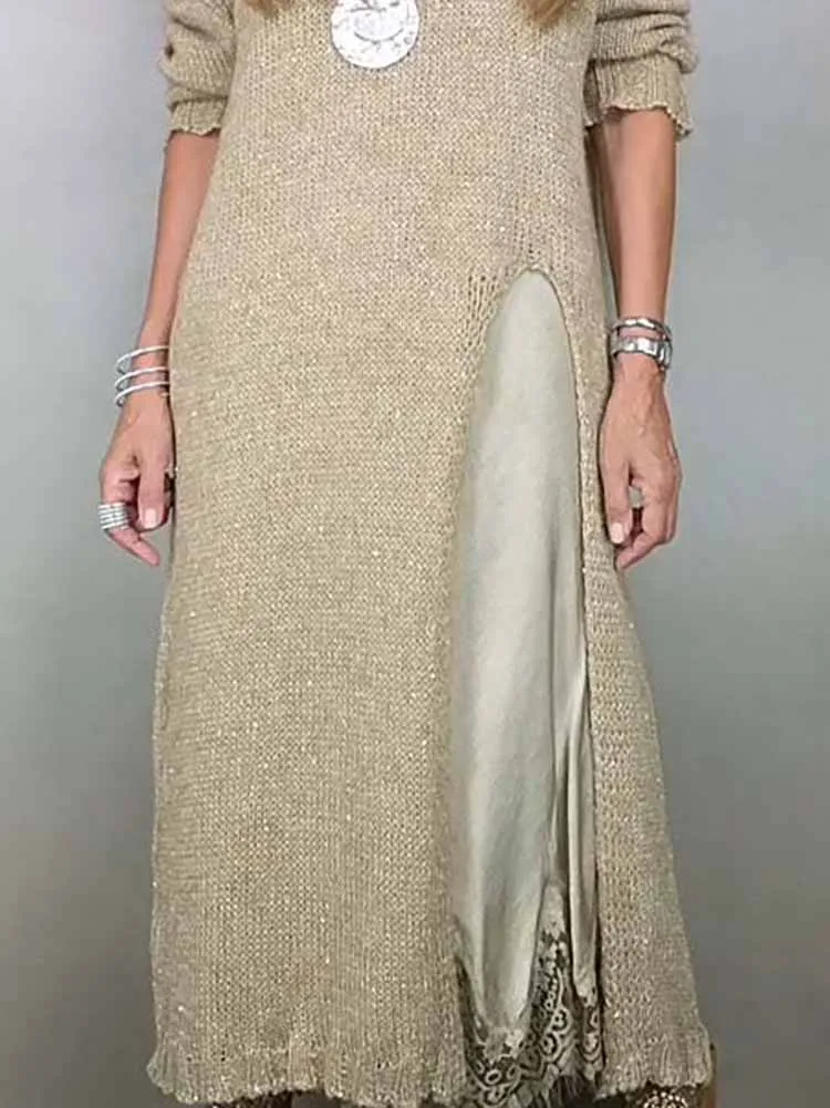 Suéter Vintage de manga larga para mujer, conjunto de vestido Halter de encaje a juego, conjuntos sueltos de viaje a la moda, conjuntos elegantes de dos piezas con dobladillo con borlas