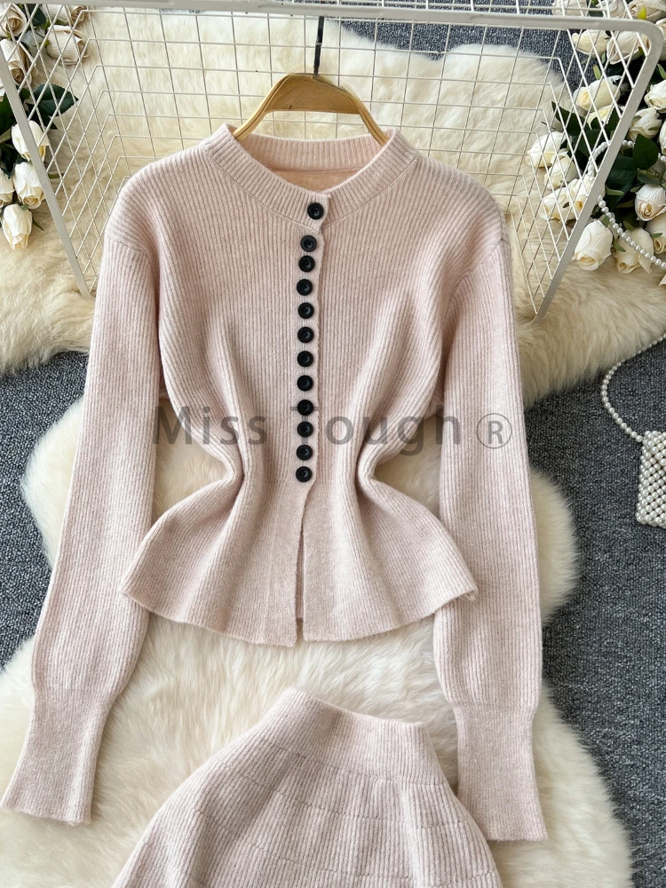 French Elegant Retro Knitted Two Piece Set Women Casual Sweater + High Waist Long Skirt Autumn Vintage Solid Slim Suit New 2024