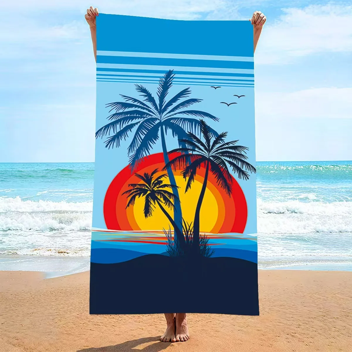 

Retro Sunset Palm Tree Beach Towel Polyester Quick Dry Bath Towels Summer Vacation Swimming Pool Sandproof Blanket Travel Mat