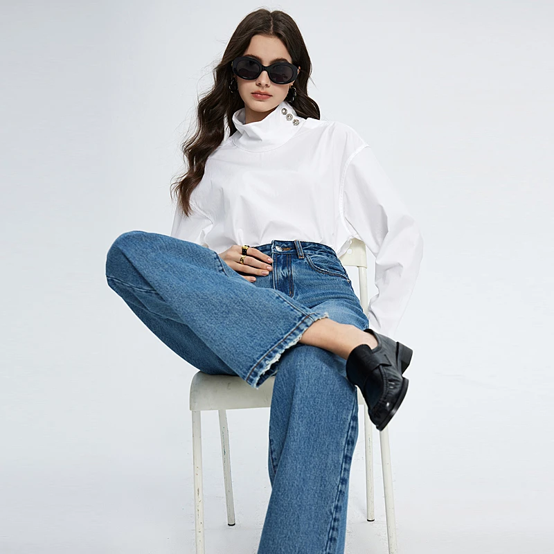 European Dark Blue High Waist Jeans Women Casual Straight Leg Denim Bottoms Female Autumn Clothes