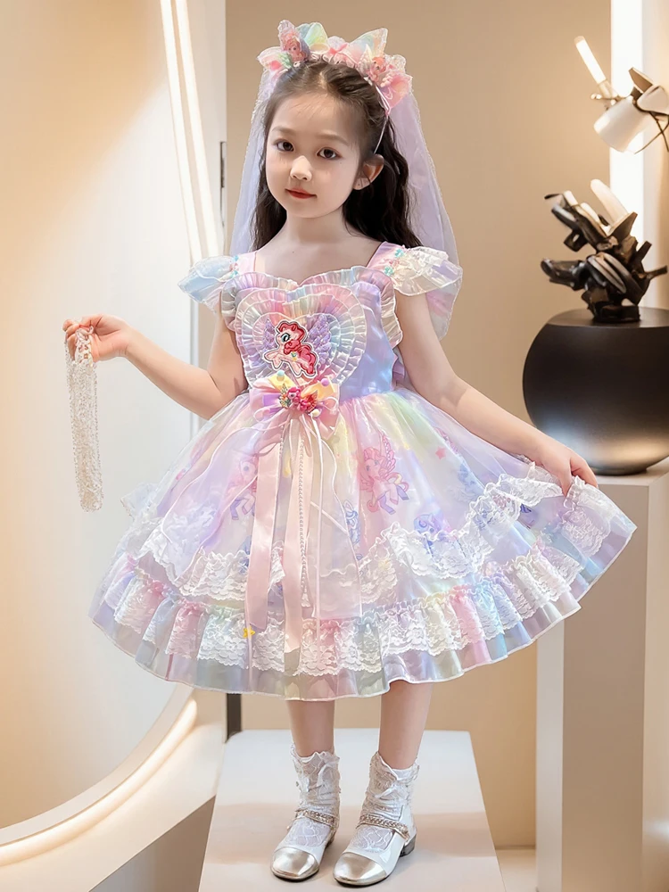 Saia Princesa Arco-Íris Lolita para Meninas, Vestido Puff com Alças de Renda, Vestido para Apresentações Infantis, Amigo da P...
