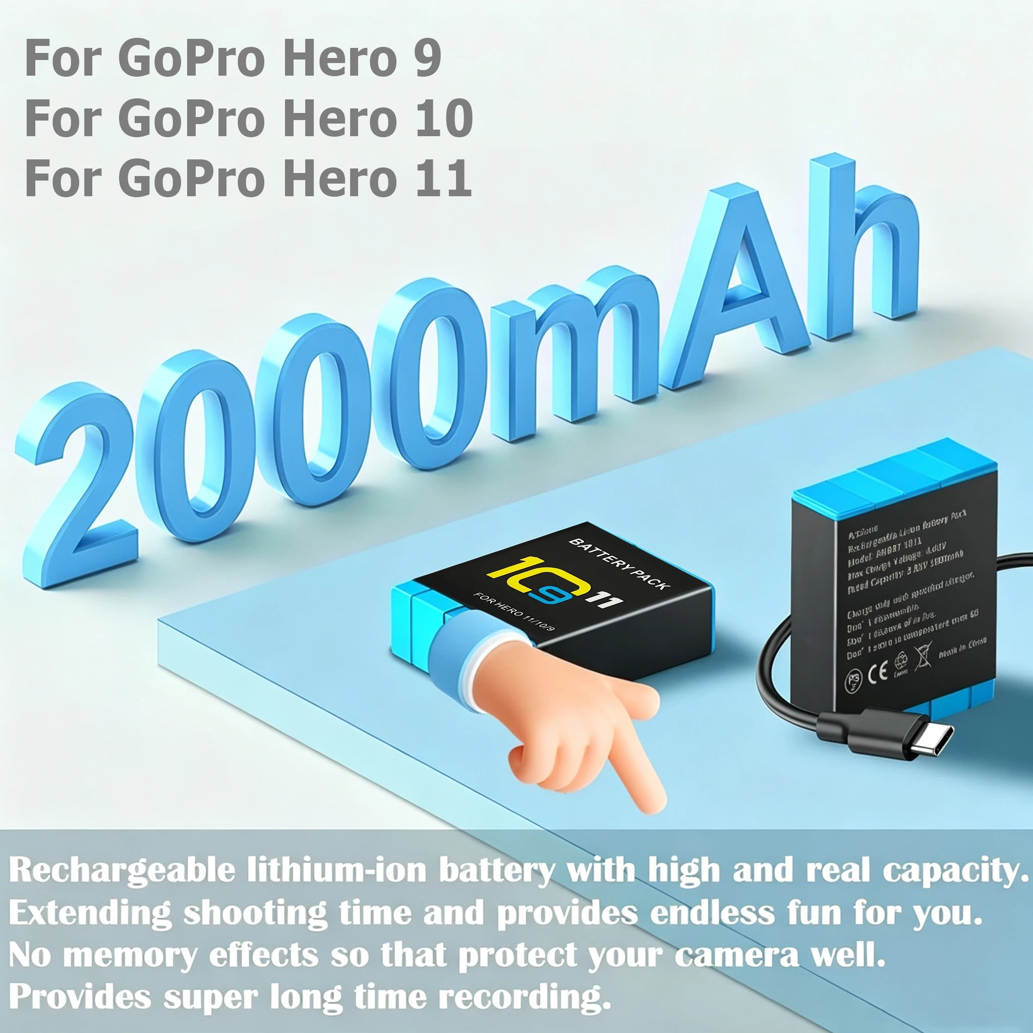 2000mAh Li-ion Battery Pack Motion Camera Battery For GoPro Hero 10 HERO11 HERO 9 Storage for GoPro Hero9 Rechargeable Batteries