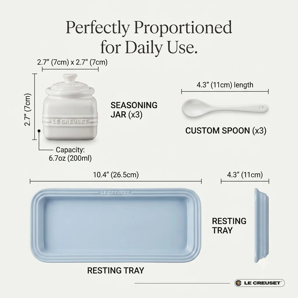 Le Creuset 3 Piece Stoneware Seasoning Pots With Spoons Tray Ceramic Condiment Jar For Kitchen Counter Accessories view 5