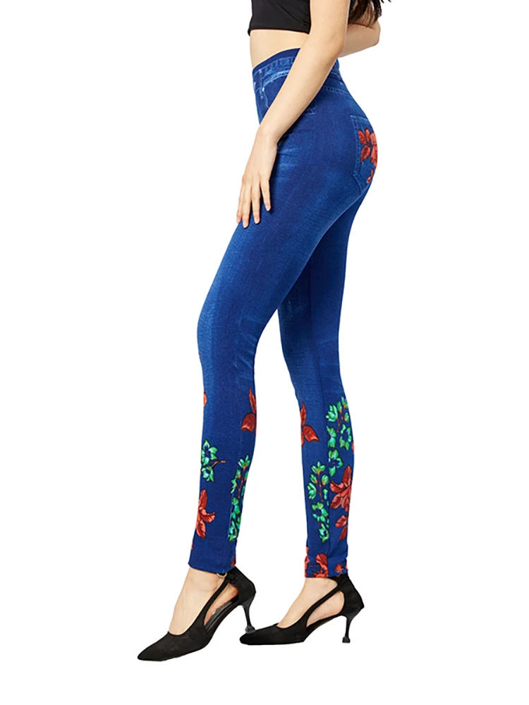 VISNXGI-pantalones de mezclilla falsos para mujer, Jeggings sexys con estampado Floral en la parte delantera y trasera, pantalones vaqueros de