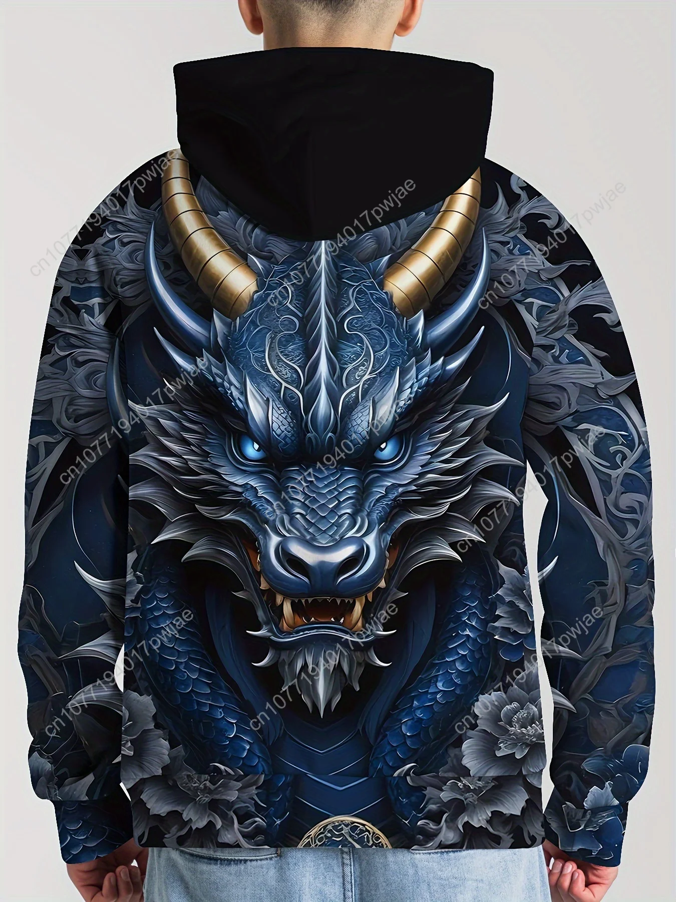 3D Dragon Print Hoodie for Men, Casual Polyester Sweatshirt, Unisex Long Sleeve Hooded Top, Knit Fabric, Casual Leisure Wear for