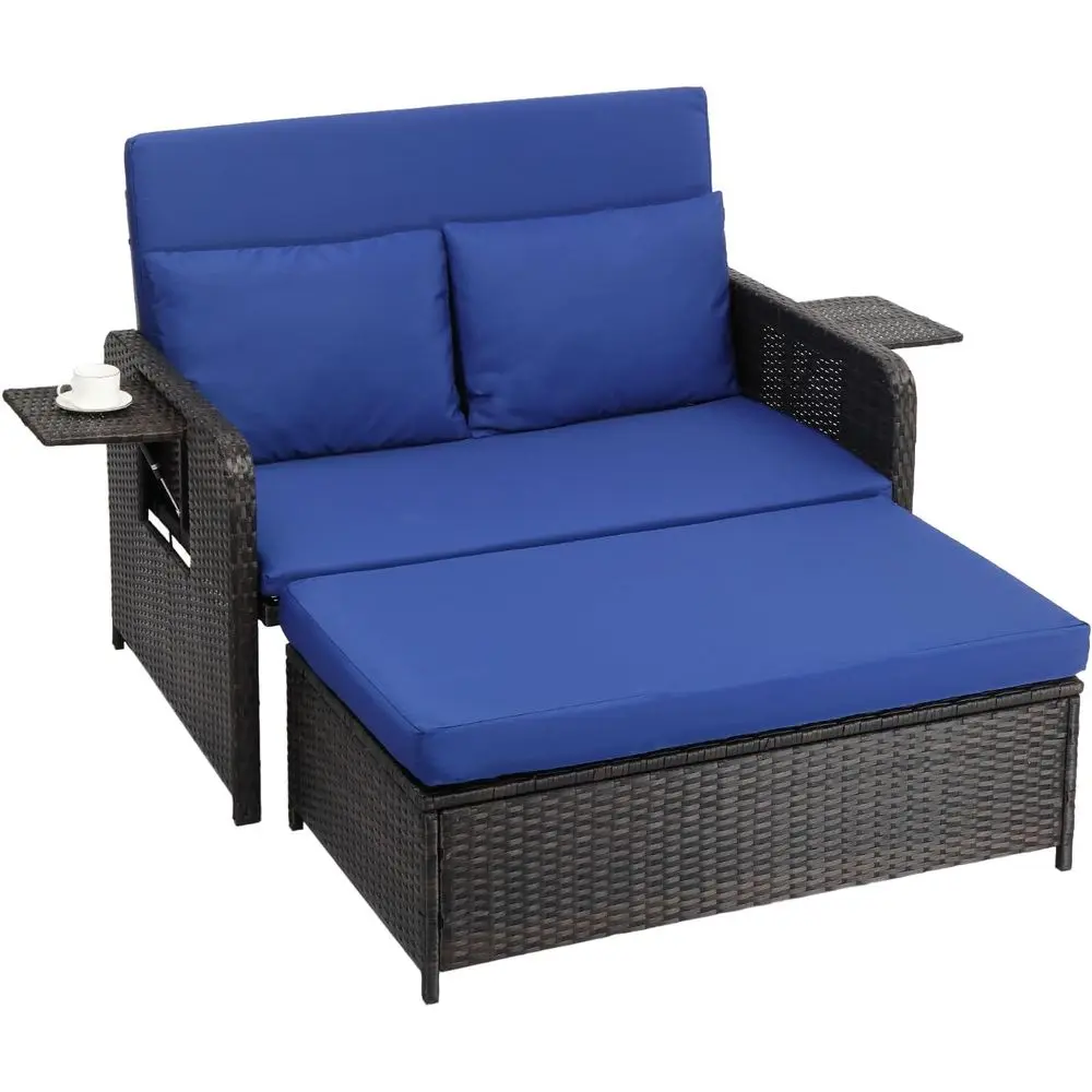 

All-Weather Wicker Outdoor Daybed with Storage Ottoman and Adjustable Backrest, Cushioned Patio Loveseat for Garden or Balcony (