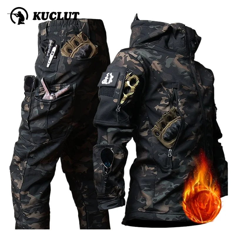 Winter Mens Thicken Tactical Camouflage Set Soft Shell Waterproof Fleece Warm Training Uniform Hooded Jackets+work Pants 2-piece