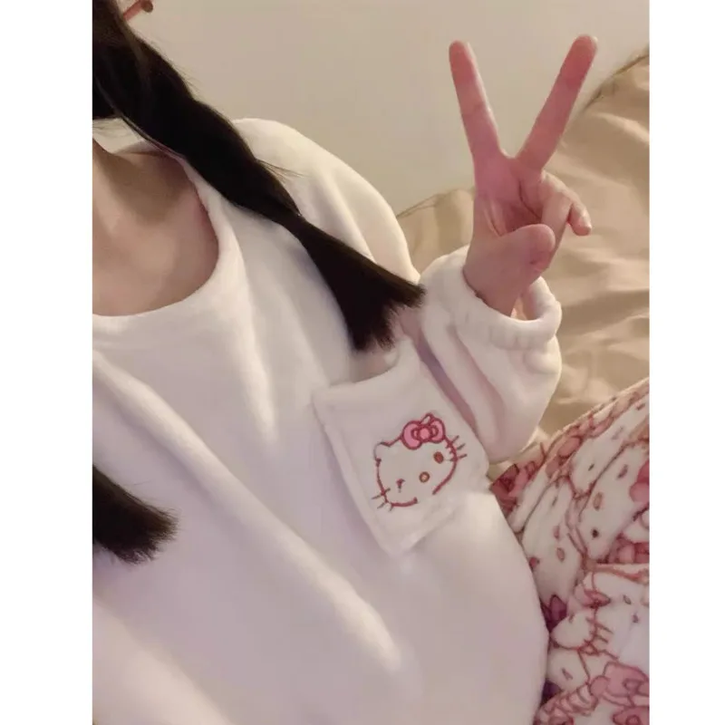 2 Piece Sanrio Hello Kitty New Sleepwear Suit Coral Plush Pullover Tops Trousers Home Clothes Set Y2k Women Cute Soft Nightdress