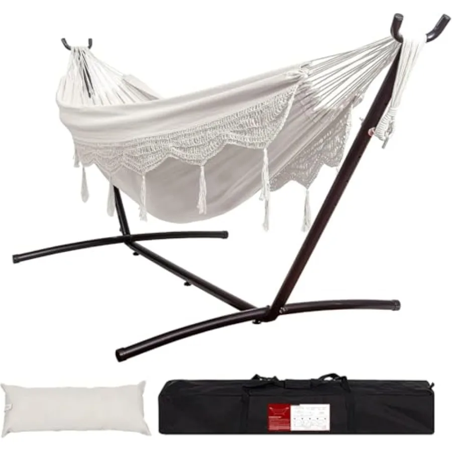 

Camping hammock: steel stand, durable fabric, beige, 450 LBS capacity, portable carrying case