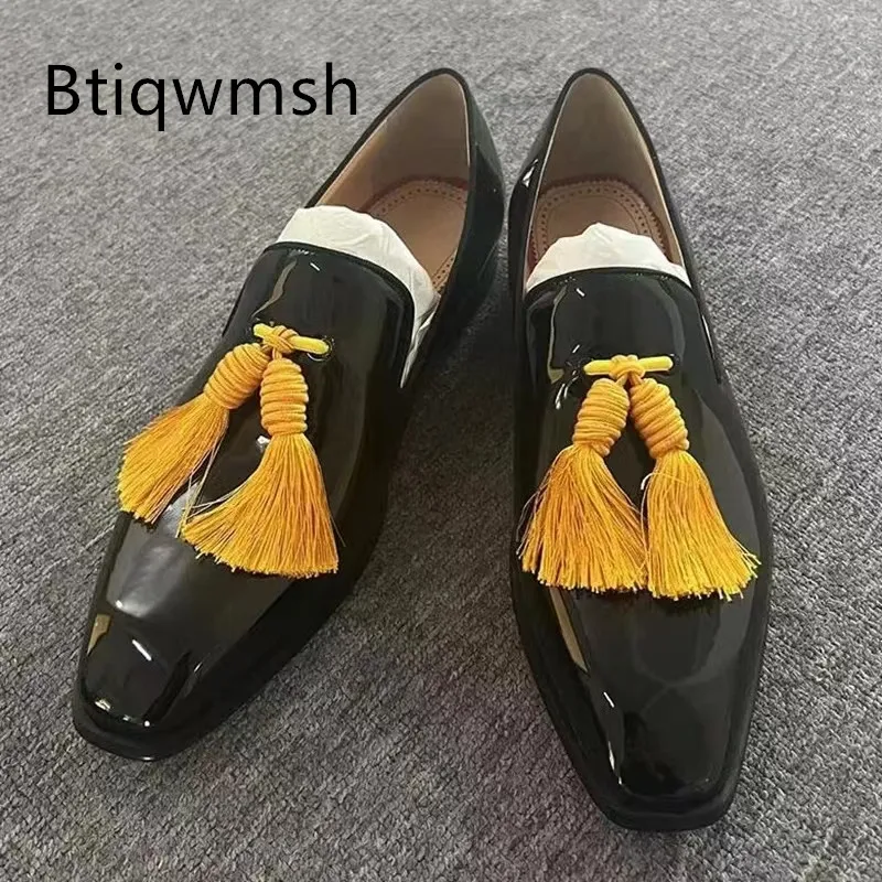 

Yellow Tassel Shoes Man Pointed Toe Slip On Hand-made Flats Male Fashion Party Shoes