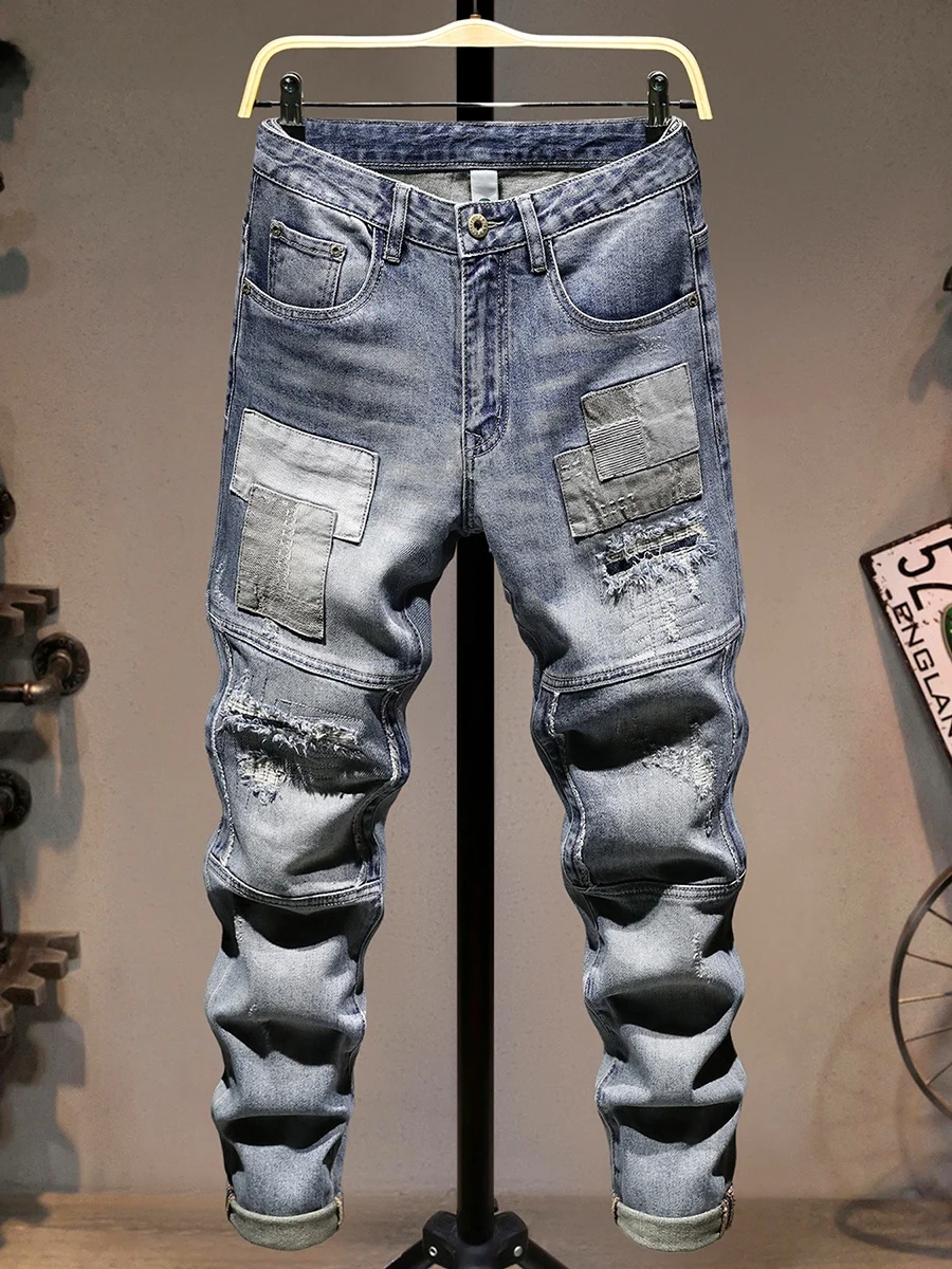 

Мужские джинсы из денима с пэчворком и прорезями, эластичные, с комбинированными вставками, длинные брюки, молодежные, модные, из хлопкового стрейч-денима