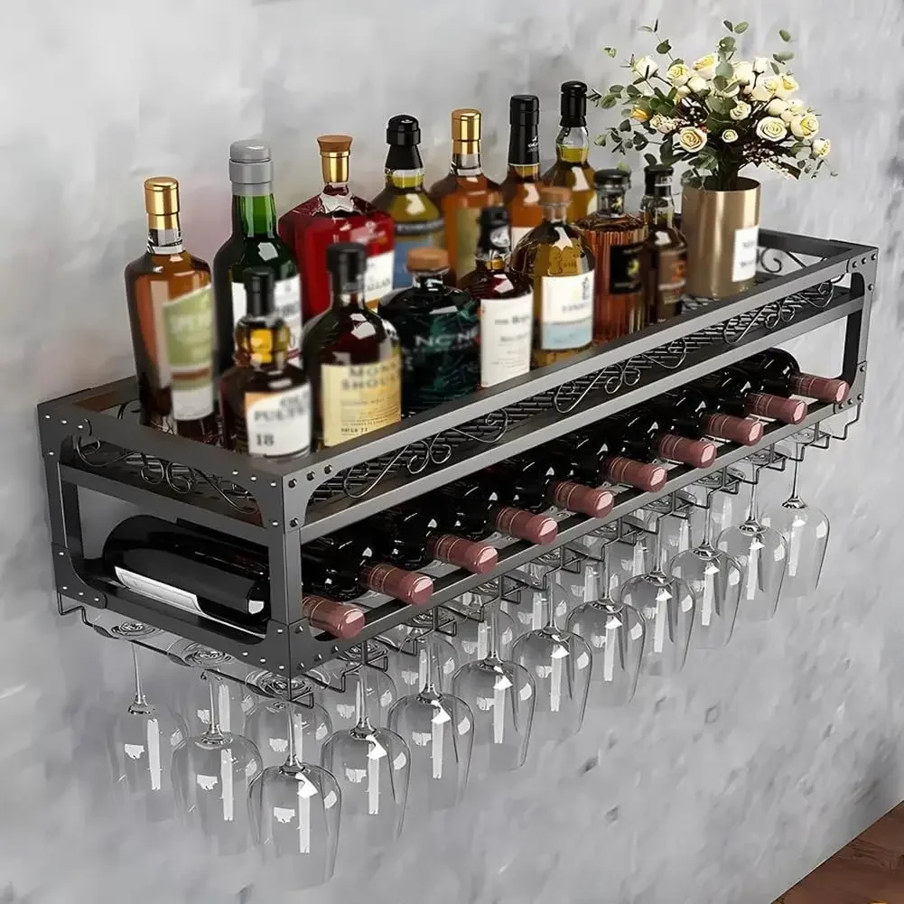 Industrial Metal Hanging Wine Bottle & Glass Holder, Large Floating Shelves Goblet Rack, Multi-Functional Wine Storage Display R