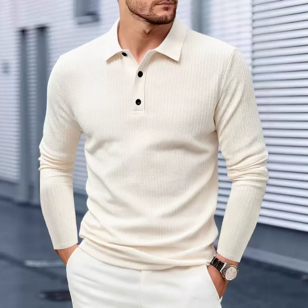 Frühling Herbst Poloshirt Herren Langarm Business Casual Einfarbig Herren Umlegekragen Poloshirt Atmungsaktive T-Shirts Oberteile