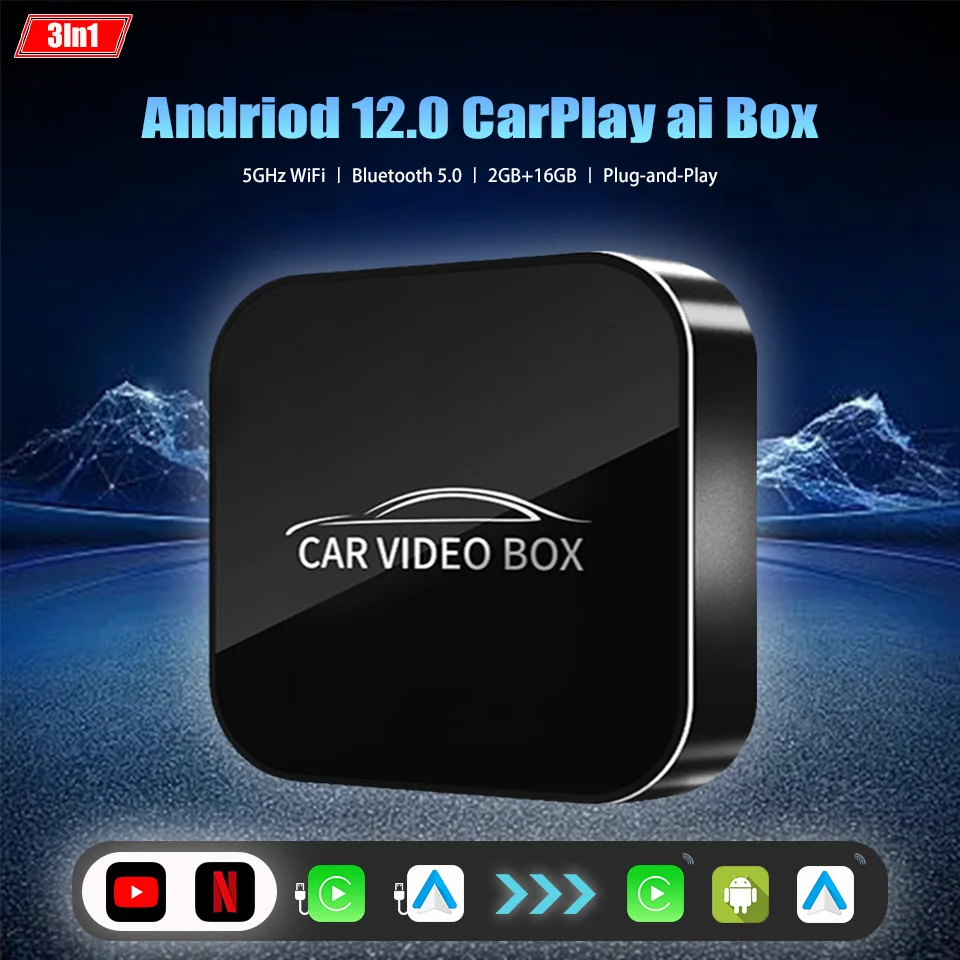 2025 New Andriod 12.0 Video Box Wireless Android Auto & Wireless Carplay 3in1 Smart Multimedia Adapter Built-in Netflix YouTube