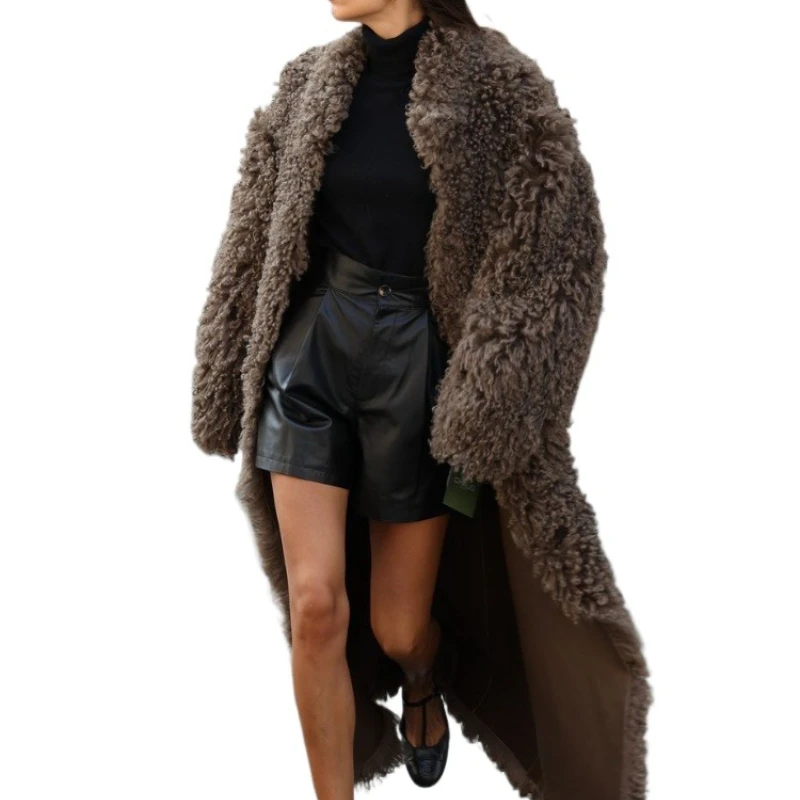 المرأة الصلبة فرو الضأن معطف طويل أنيق موضة التلبيب كم كامل معاطف دافئة سيدة شيك شارع العليا ملابس خارجية شتوية غير رسمية 2026 #2