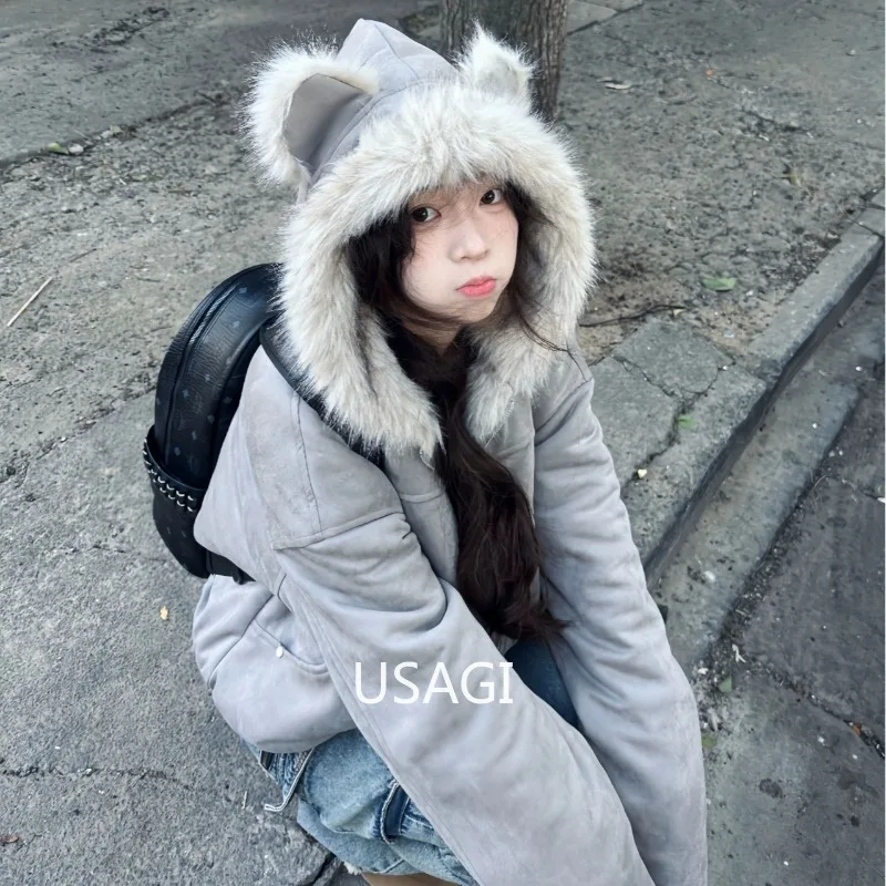 

Плюшевое замшевое полупальто, женское зимнее утолщенное новое пальто в американском стиле, куртка Cleanfit, толстовка с кошачьими ушками, байкерская куртка обычного кроя